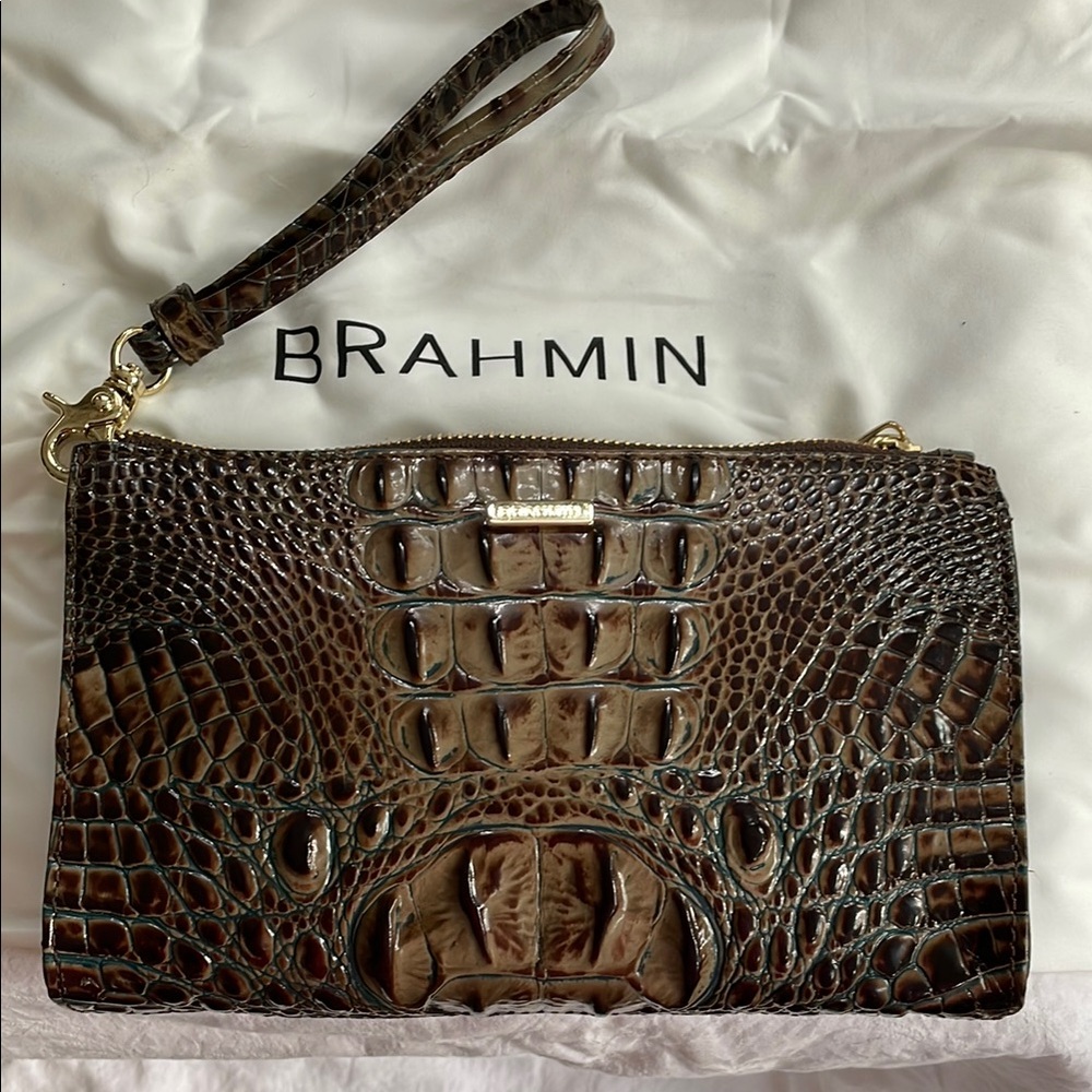Brahmin Dark Brown Crocodile Embossed Clutch